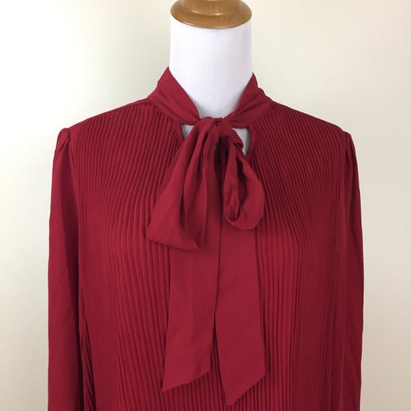 NWT NANETTE LEPORE Heritage Red Pleats Tie Collar Long Sleeve Dress - Picture 6 of 8